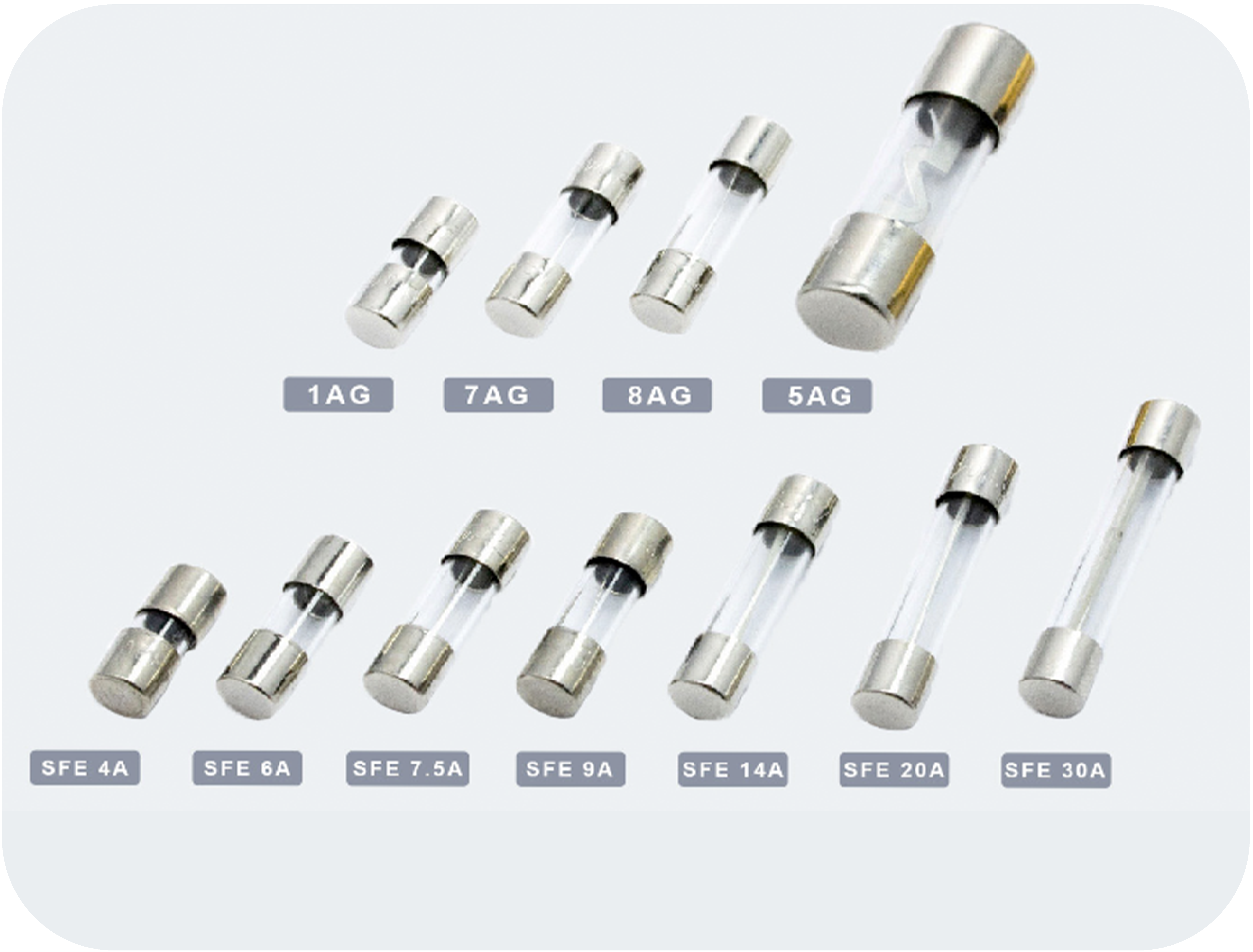 Various Sizes of Automotive Glass Fuses: Standardized Fuses for 12V Accessory Applications in North American Cars