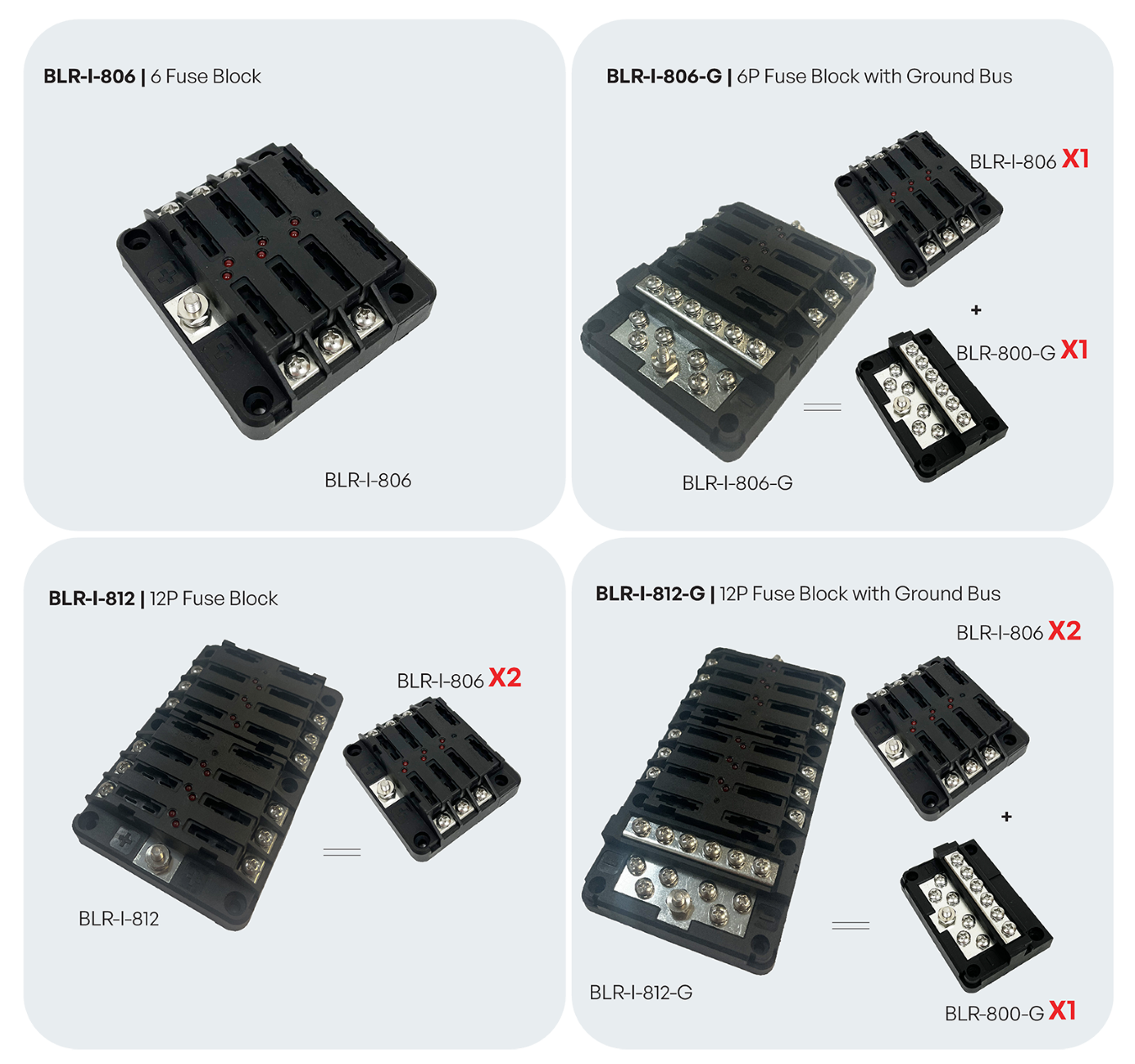 All Possible Combinations of OptiFuse Modular Design: Four Different Blade Fuse Blocks from Two Part Numbers