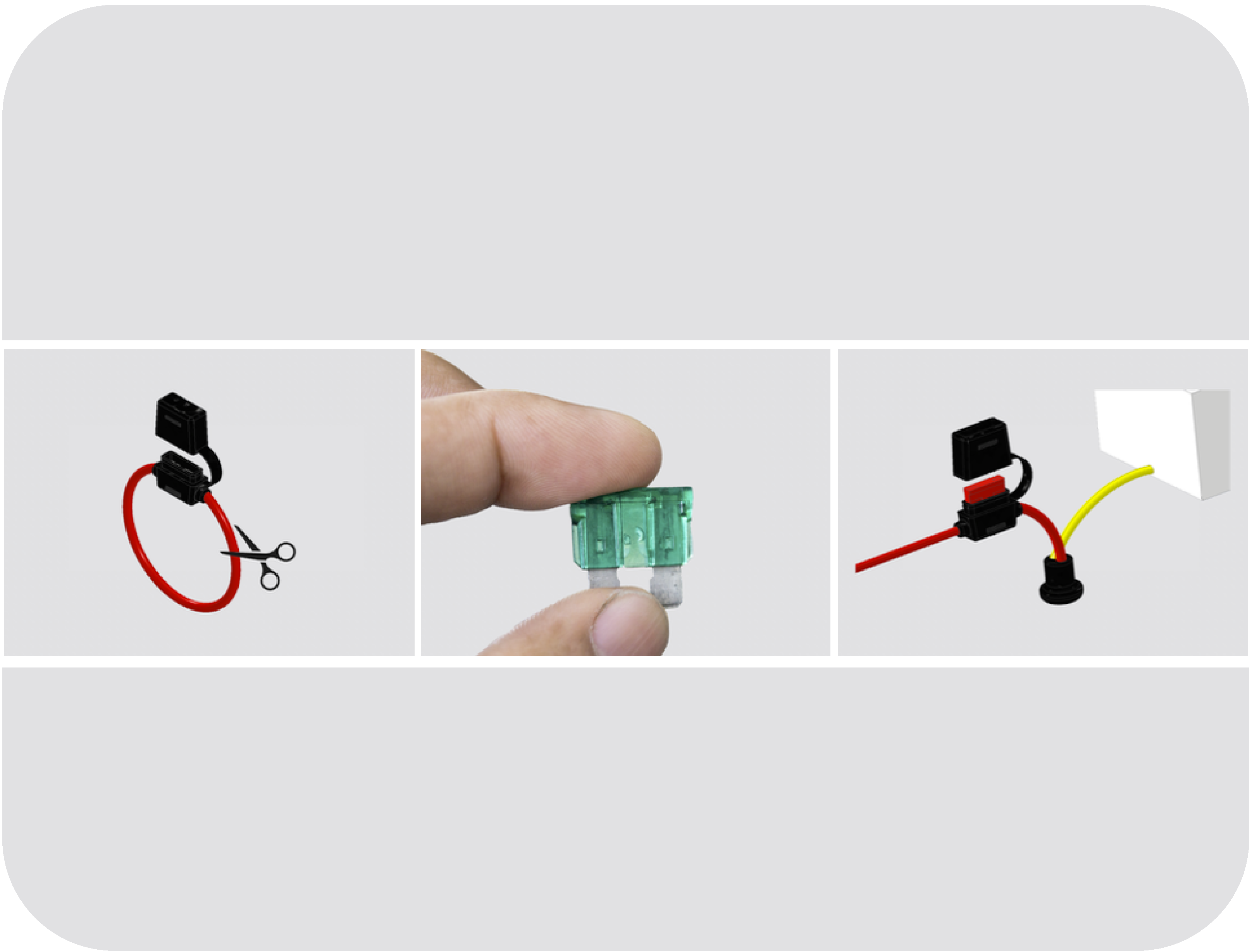 Graphic showing the step-by-step process for installing an in-line fuse holder in an automotive or marine circuit