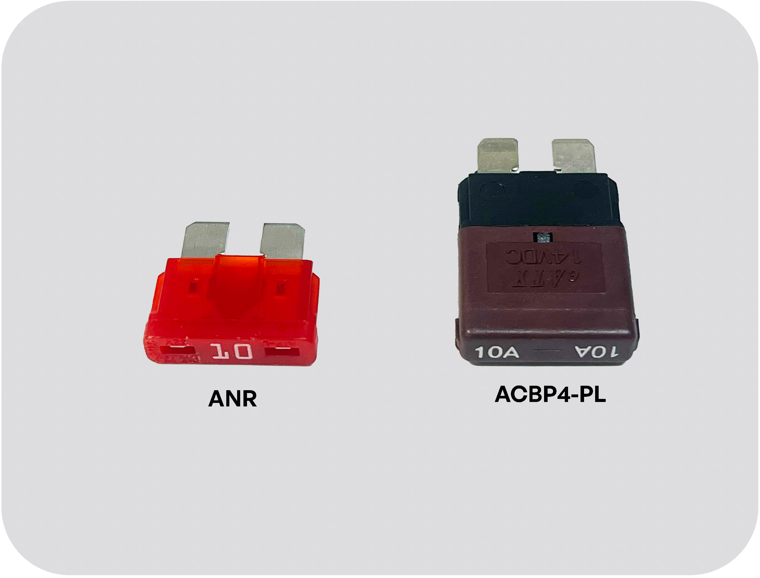 Fuse and circuit breaker side-by-side, showing compatible mounting footprints.