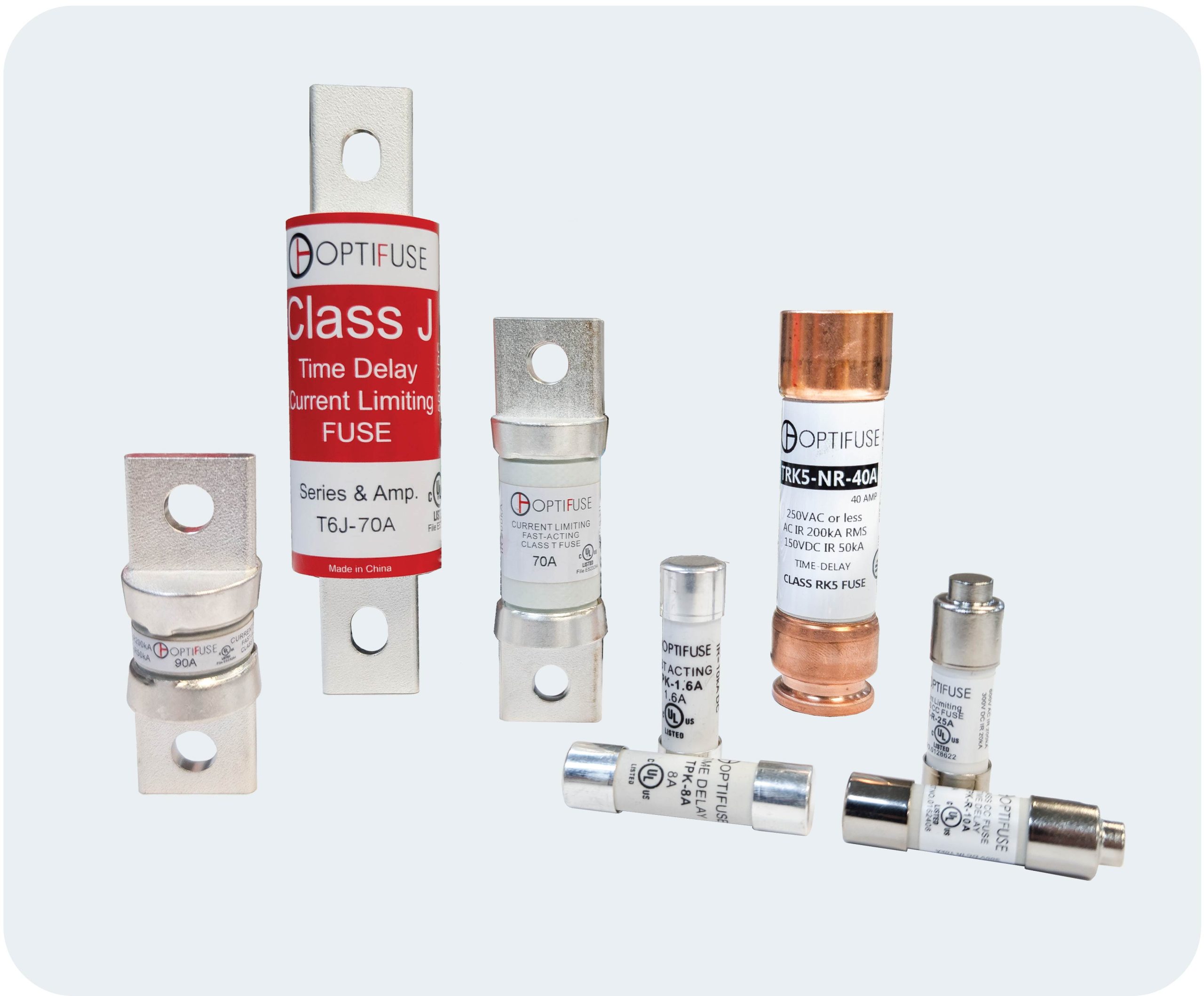 Various industrial fuses including Midget, Class CC, Class T, Class J, and RK5 for electrical protection