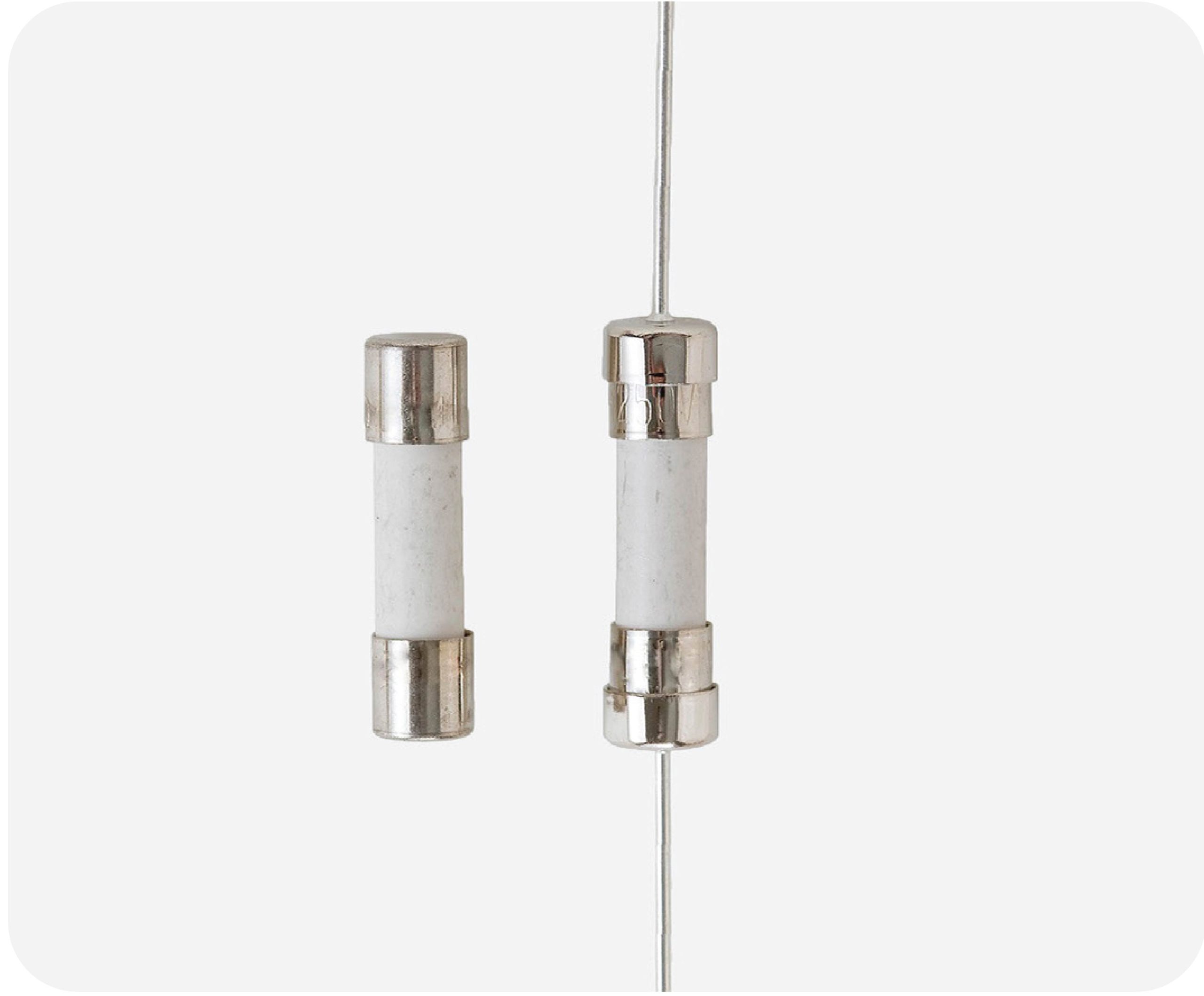 Photo of FCD fuse and axial-lead FCD-P variant, compact ceramic fuses providing fast-acting overcurrent protection for sensitive electronics