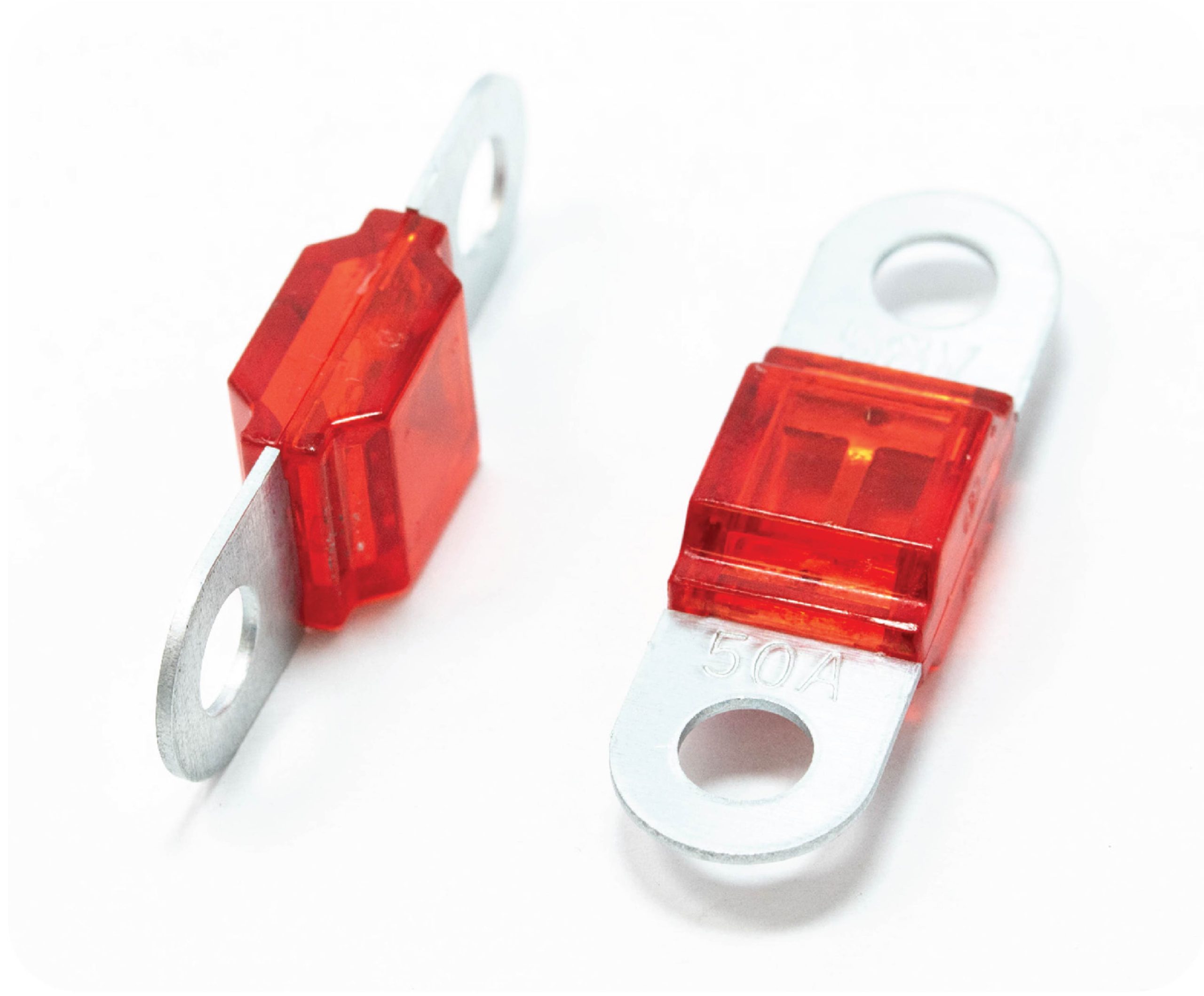 Close-up of an OptiFuse MIDA fuse with bolt-on terminals and transparent body, designed for reliable automotive, RV, marine, and industrial DC applications
