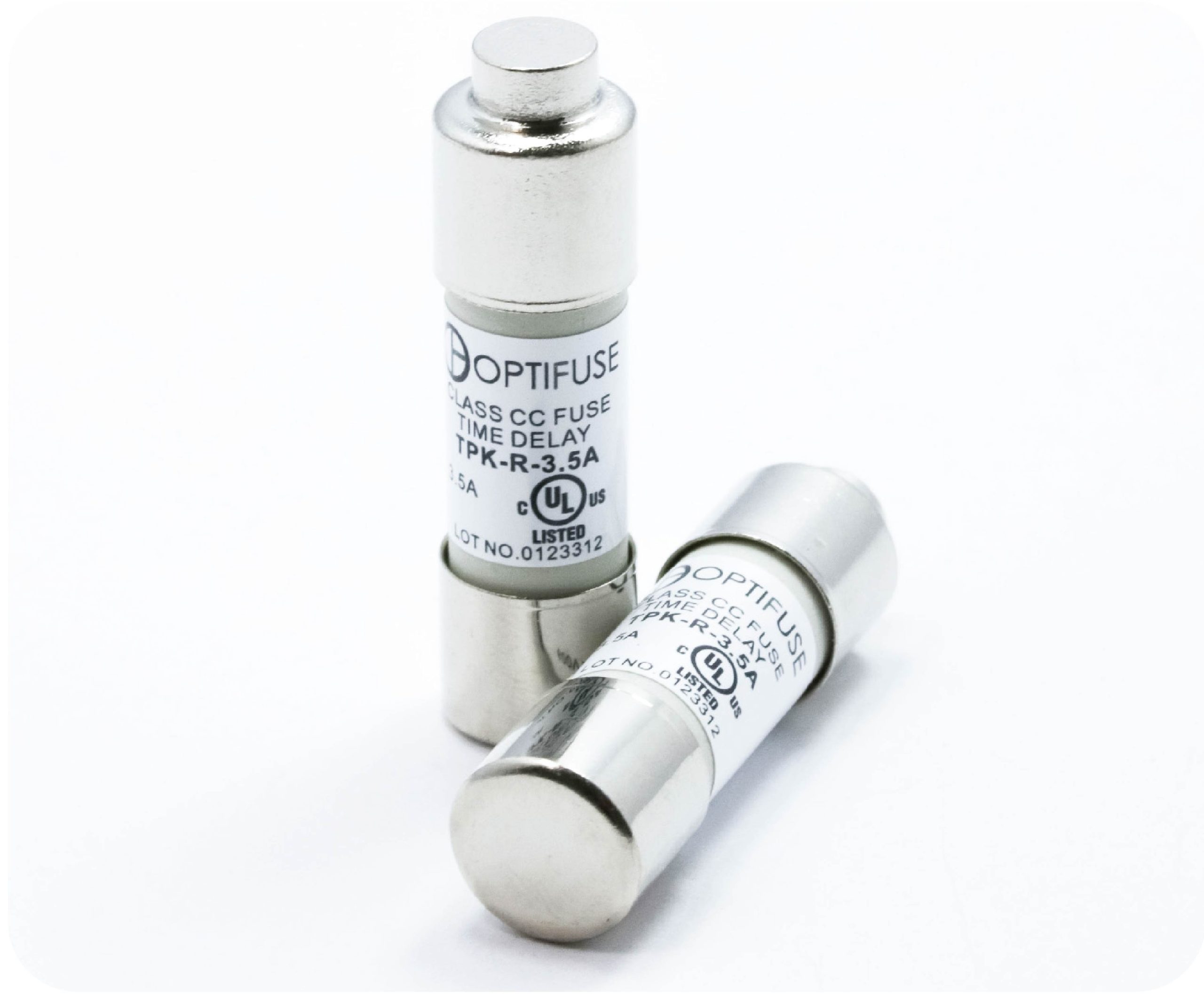 A close-up view of the OptiFuse TPK-R time-delay fuse, designed for surge protection in industrial and commercial branch circuits.