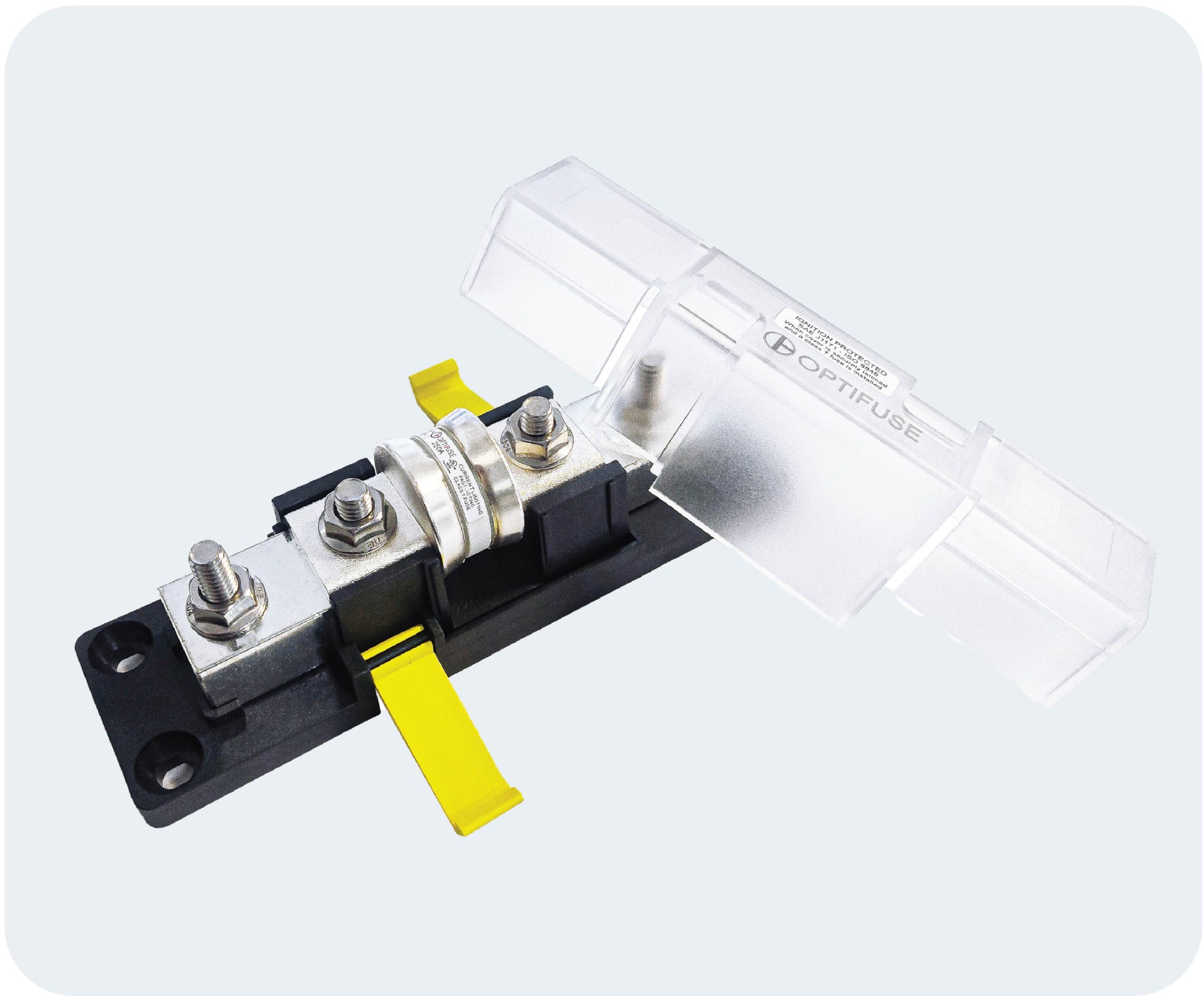 OptiFuse BLT3-400 fuse block installed with F3T Class T fuse for marine, RV, and automotive applications.