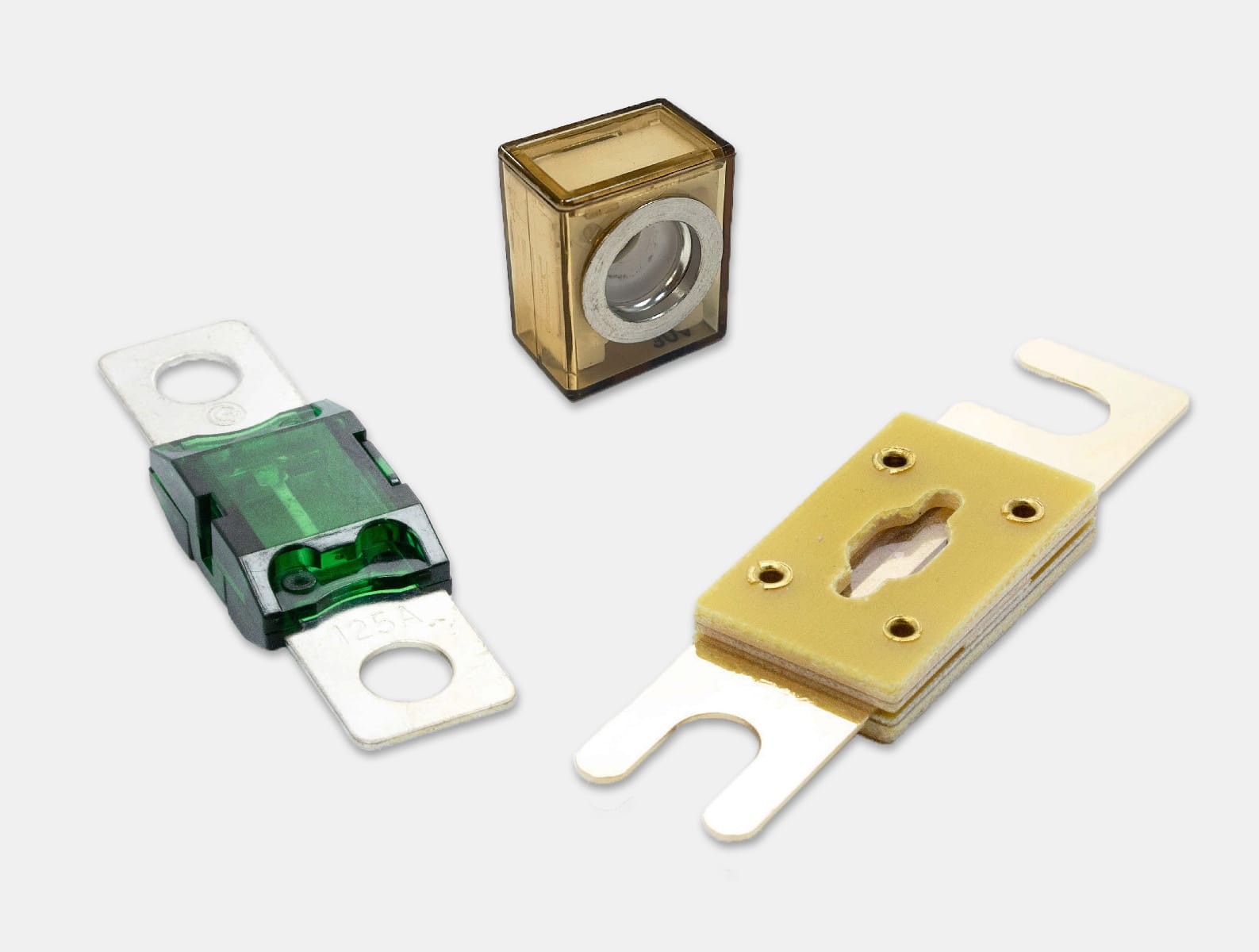 Selection of automotive bolt-on fuses, featuring MIDI, MEGA, and Limiter styles, ideal for high-current automotive circuits.