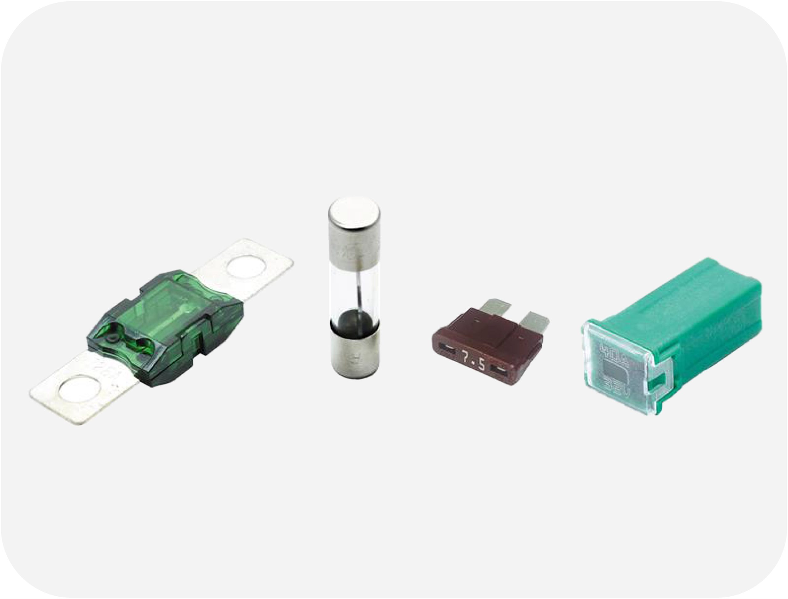 Visual comparison of four automotive fuses: blade, link, bolt-on, and glass, highlighting their shapes and applications.