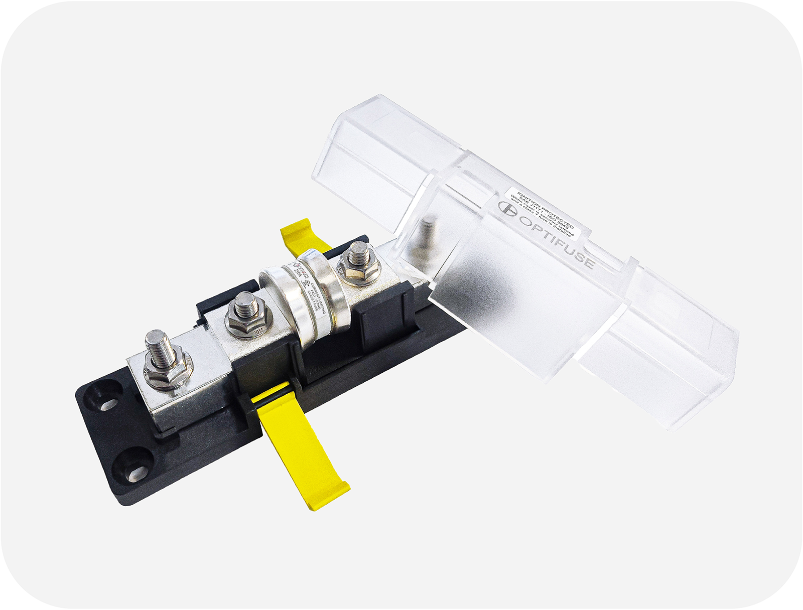 OptiFuse BLT3-400 fuse block installed with F3T Class T fuse for marine, RV, and automotive applications.