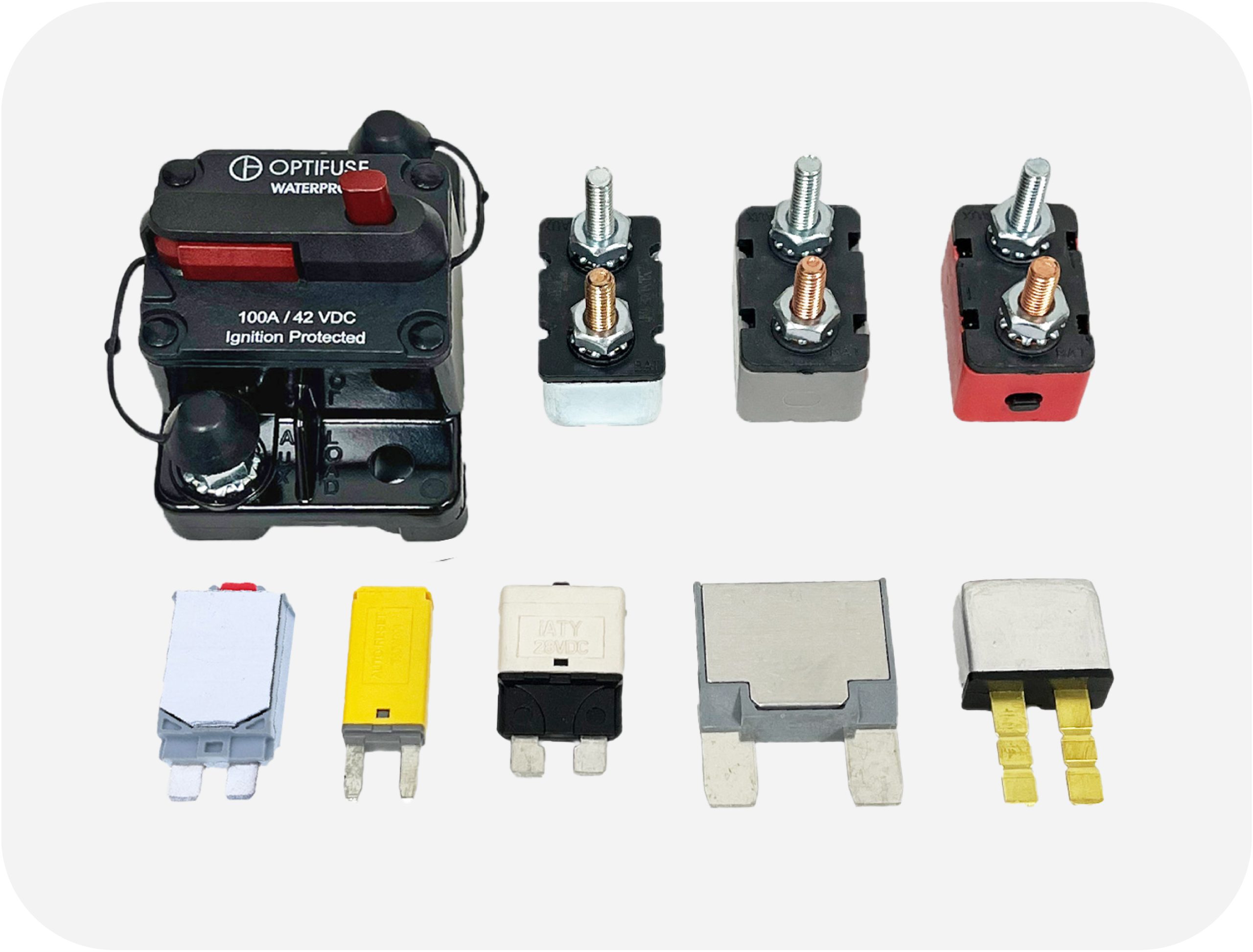 OptiFuse automotive circuit breakers available in automatic, modified, and manual reset types for versatile protection.