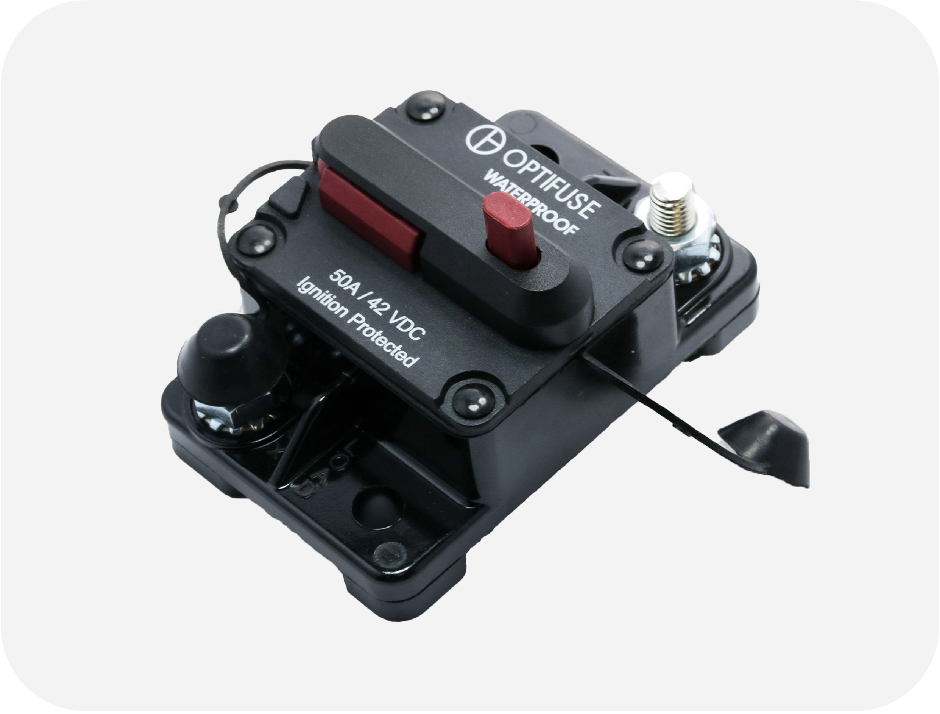 High amperage circuit breakers (25A–300A), IP67 waterproof, ignition protected, ABYC-compliant, with reset options and 153-SS model.