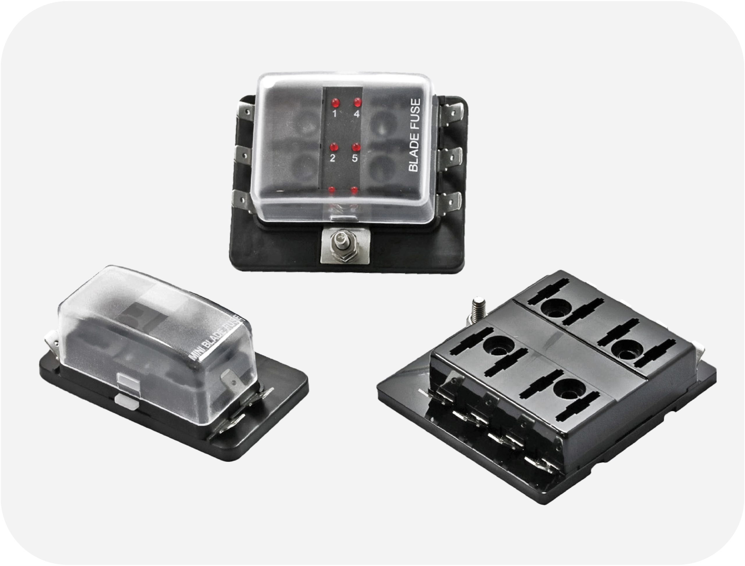 Various OptiFuse blade fuse blocks in multiple sizes and configurations for safe power distribution.
