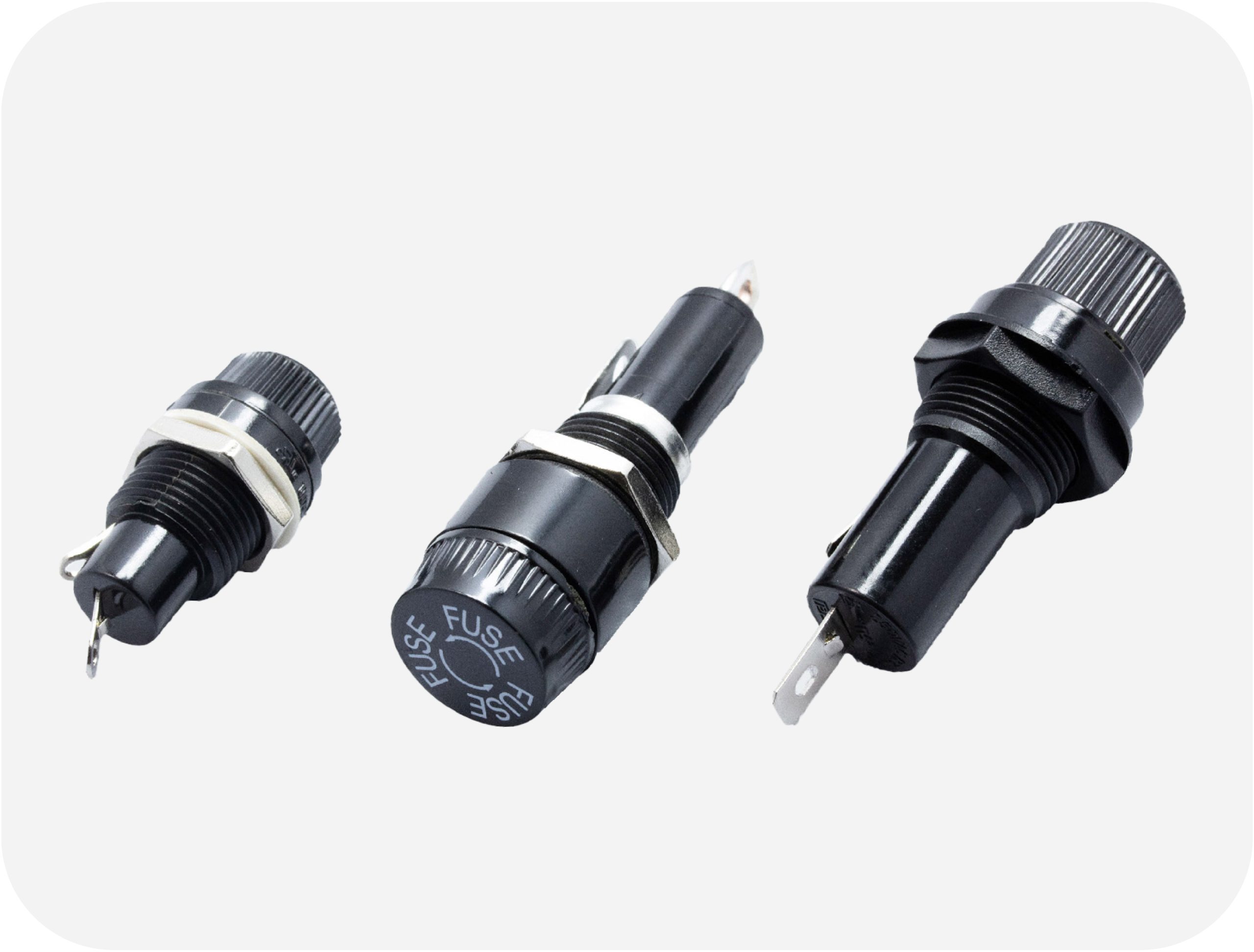 Different panel-mounted fuse holders: safe, convenient options for easy fuse replacement and shock protection.