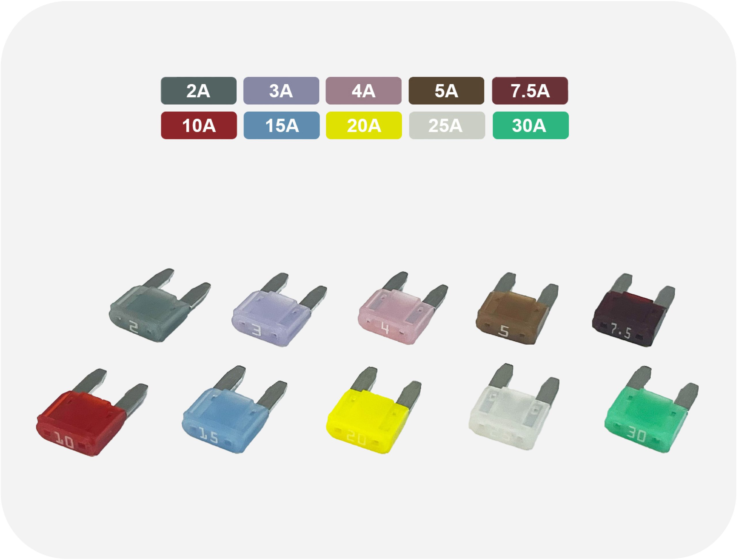 Blade fuses arranged by amp rating, showing color and label differences indicating current ratings for circuit protection.