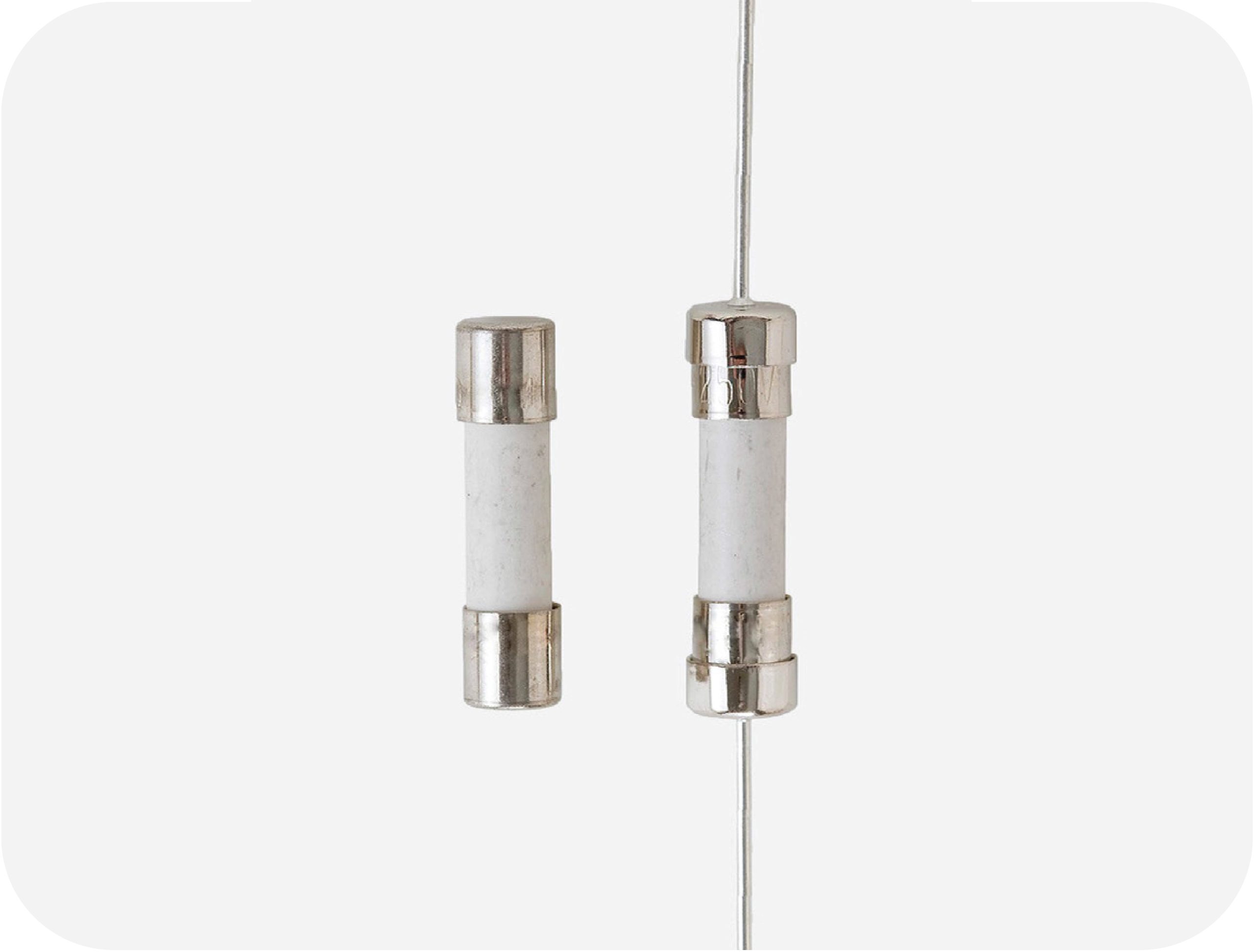 Photo of FCD fuse and axial-lead FCD-P variant, compact ceramic fuses providing fast-acting overcurrent protection for sensitive electronics