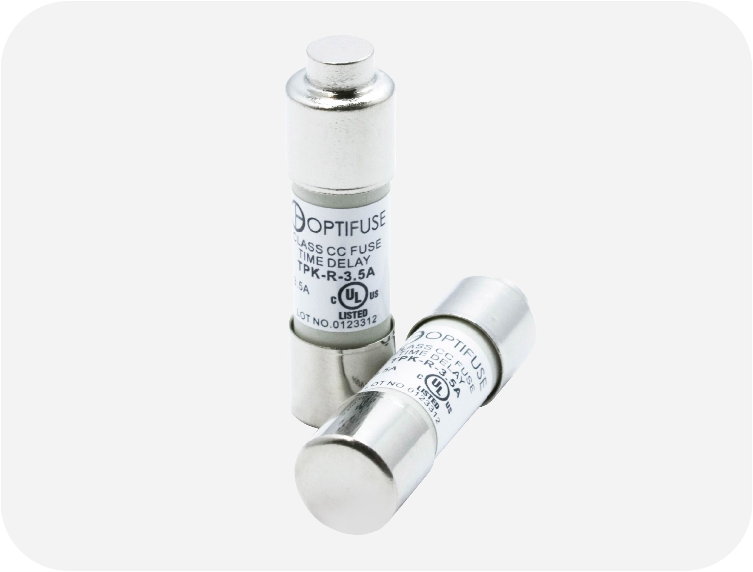 A close-up view of the OptiFuse TPK-R time-delay fuse, designed for surge protection in industrial and commercial branch circuits.