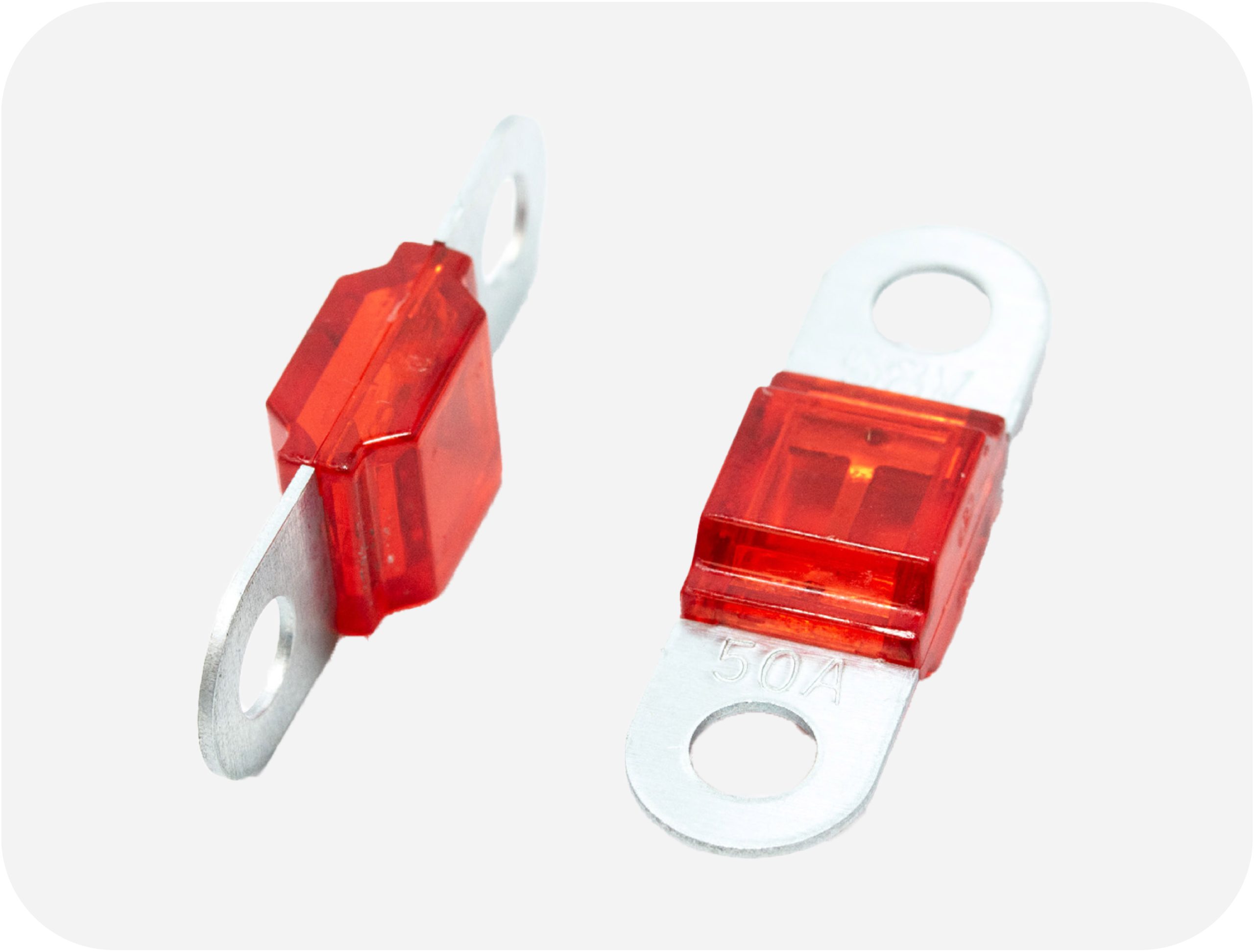 Close-up of an OptiFuse MIDA fuse with bolt-on terminals and transparent body, designed for reliable automotive, RV, marine, and industrial DC applications