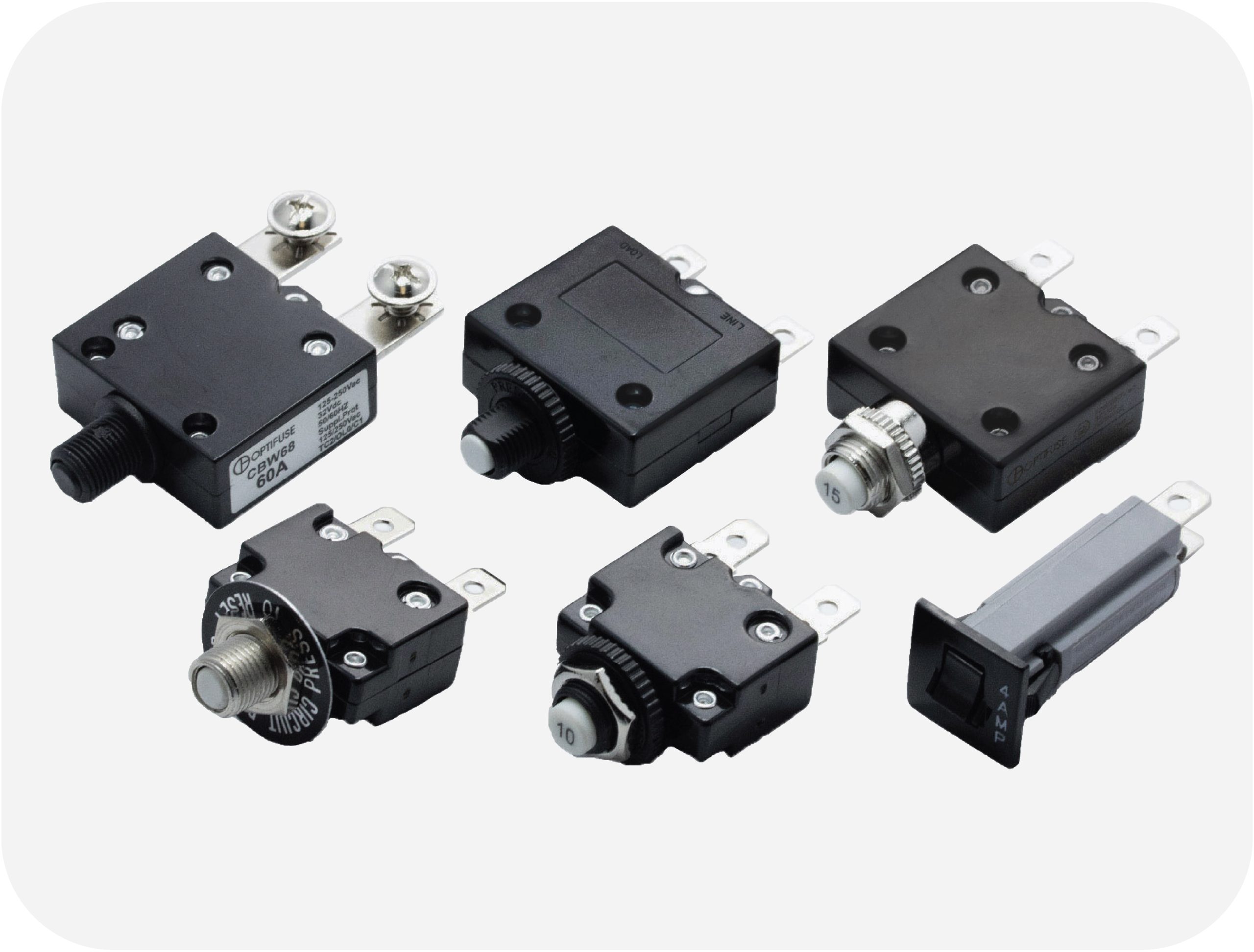 Full range of OptiFuse CBW thermal circuit breakers for supplementary protection (UL 1077).
