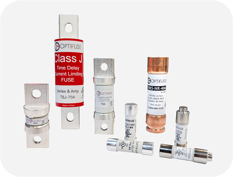 Various industrial fuses including Midget, Class CC, Class T, Class J, and RK5 for electrical protection