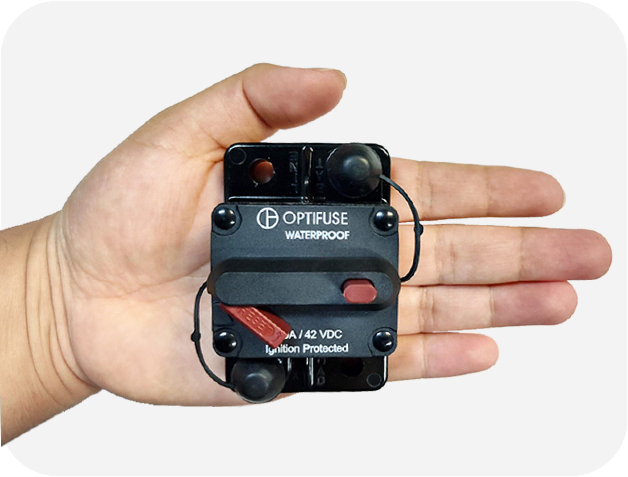 Close-up of high amp circuit breaker that trips automatically to protect against overloads and short circuits.