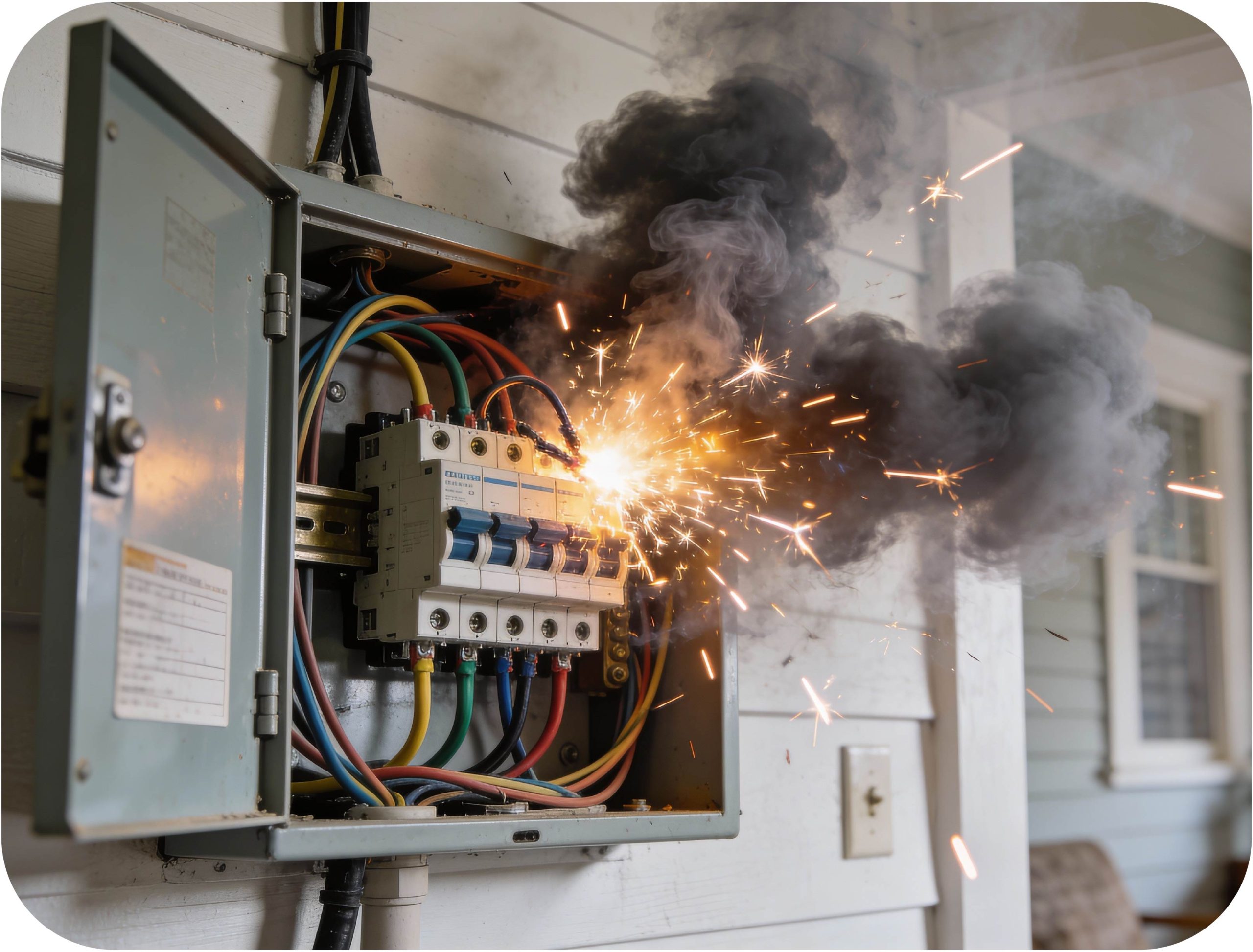 Arc flash hazard illustrating why available fault current (AFC) and interrupting ratings matter for electrical safety.