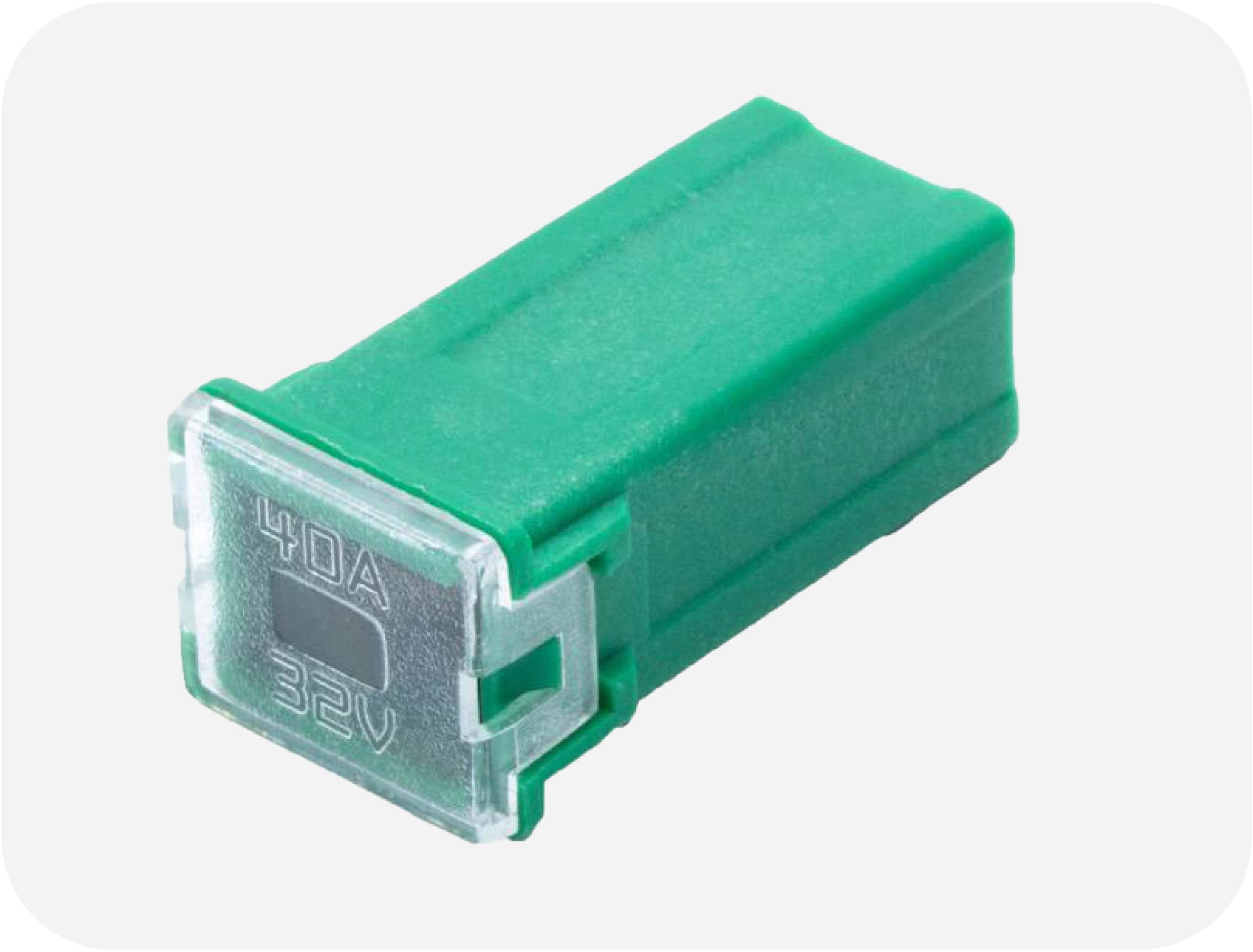 Color-coded OptiFuse FMX JCASE-Style automotive link fuses with top inspection window, 20A to 60A