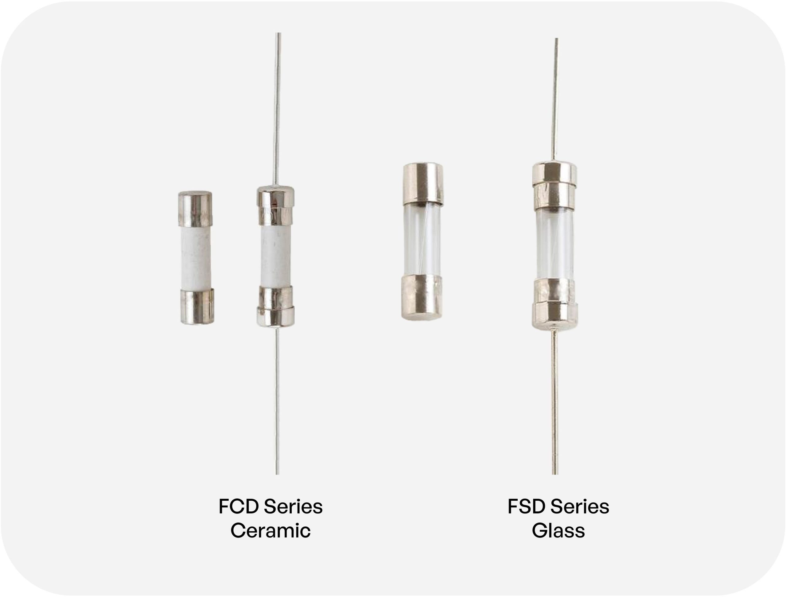 Glass vs ceramic tube fuse comparison showing clear glass body vs opaque ceramic body