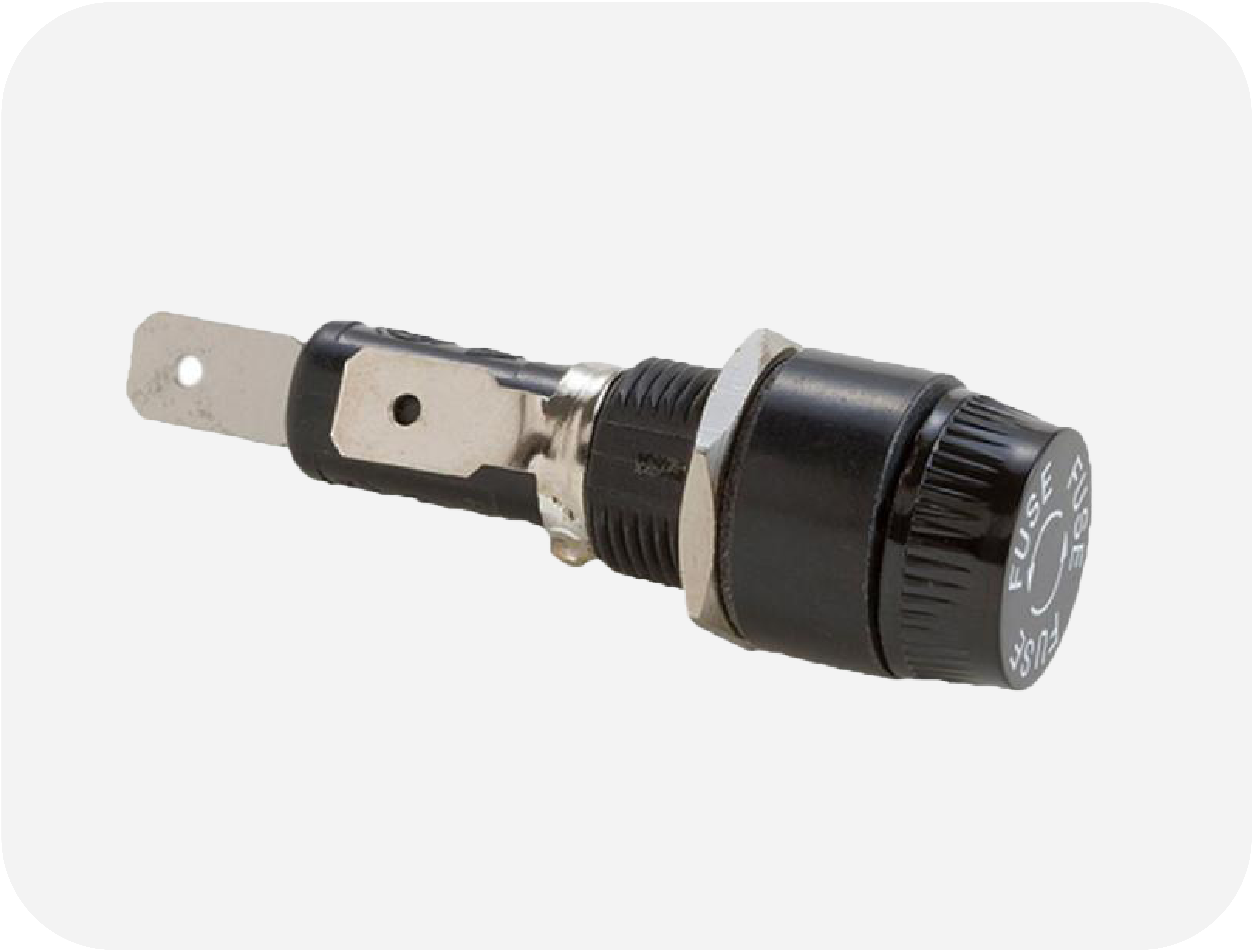 OptiFuse PMA-KB-03-Q2S panel-mount fuse holder with bayonet cap for 6.3 x 32mm glass and ceramic fuses in electronic equipment, appliances, and lighting circuits.