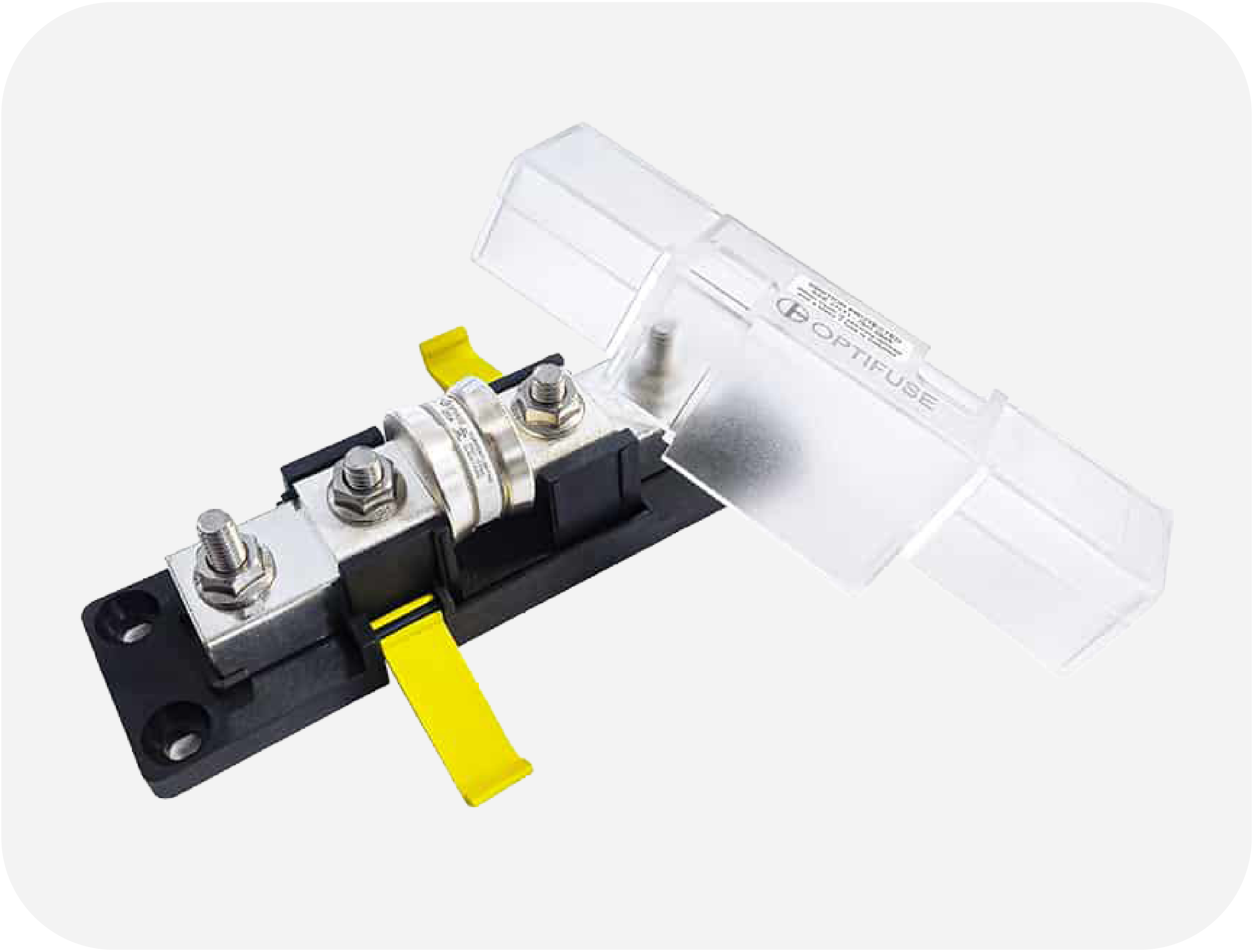 OptiFuse BLT3-400 Class T fuse block with insulating cover for 225A to 400A F3T fuses.